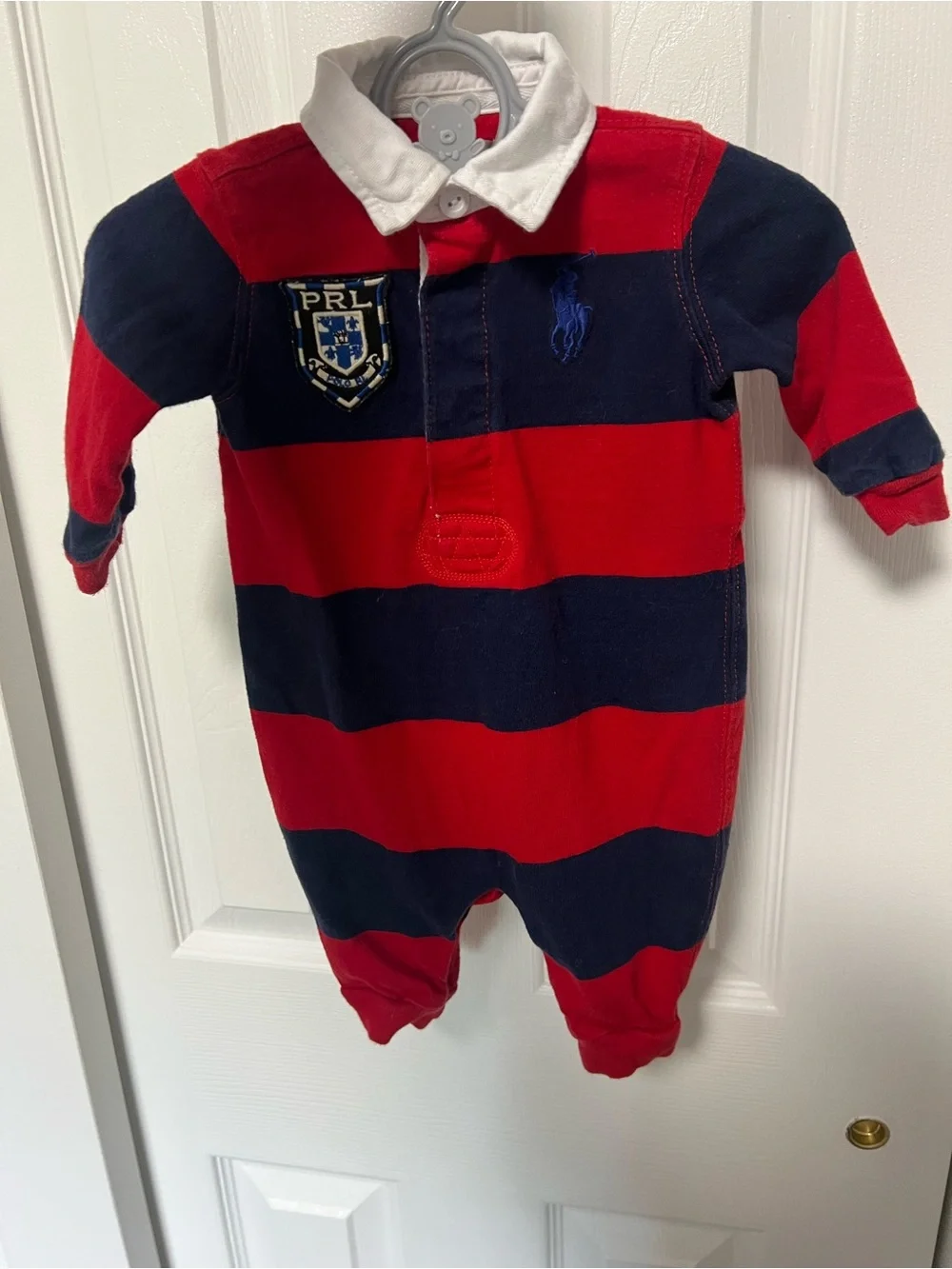 Ralph Lauren Baby Boy Red Navy Striped Rugby Romper 3M
